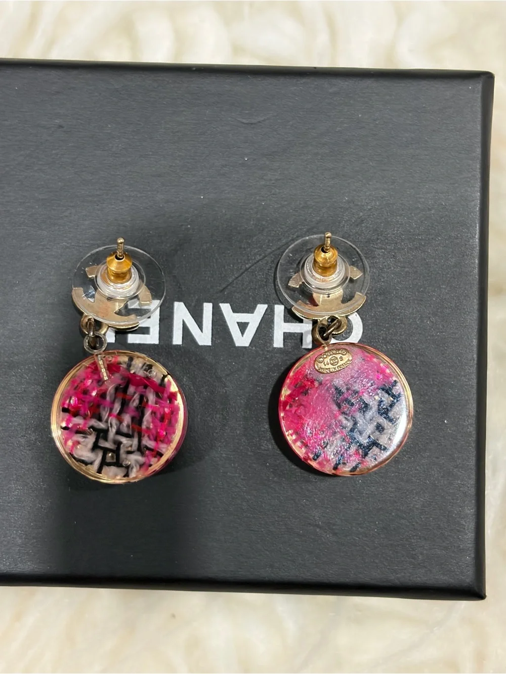 CHANEL Pink and Gold CC Woven Circle Drop Earrings